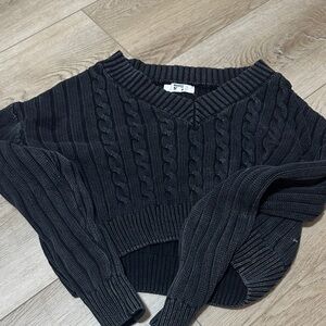 Black Cable Knit V-Neck Sweater